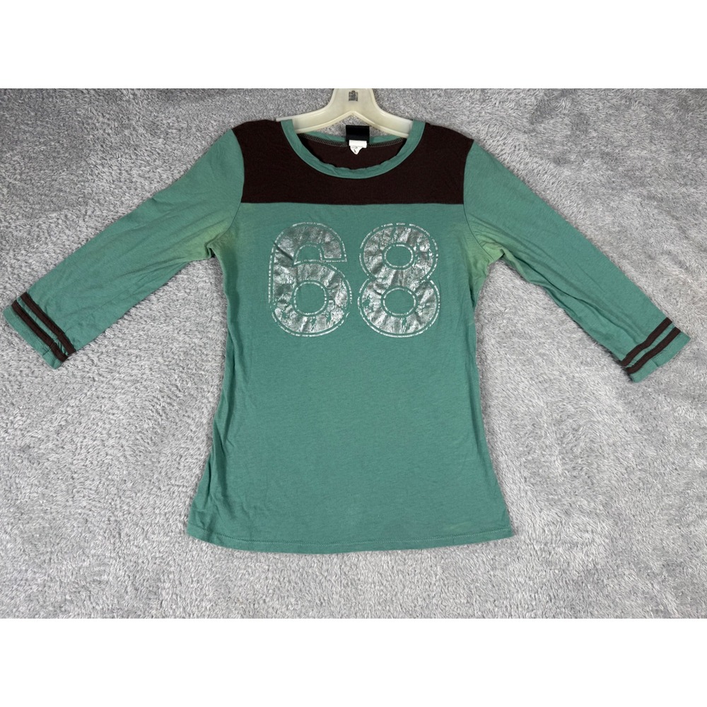 Daytrip Graphic Tee Womens Medium Teal Brown 3Sleeve Y2K Sporty Varsity 68 USA